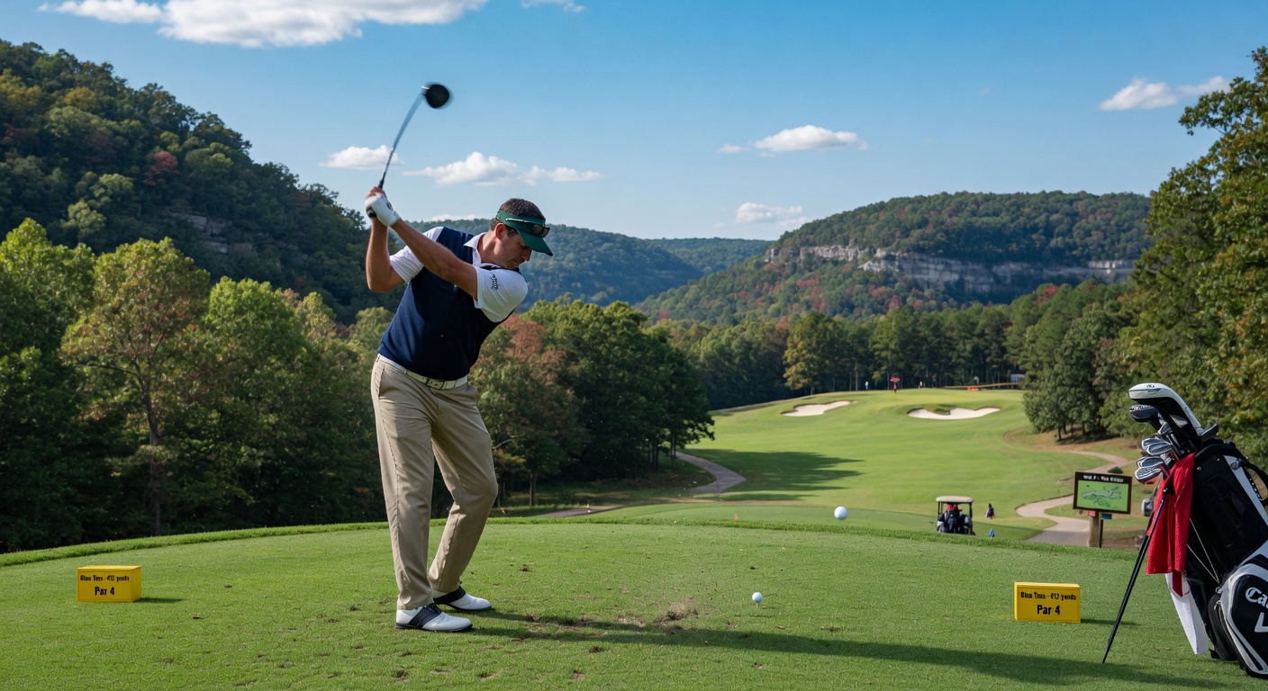 Golfer mid-swing on scenic Ozarks golf course